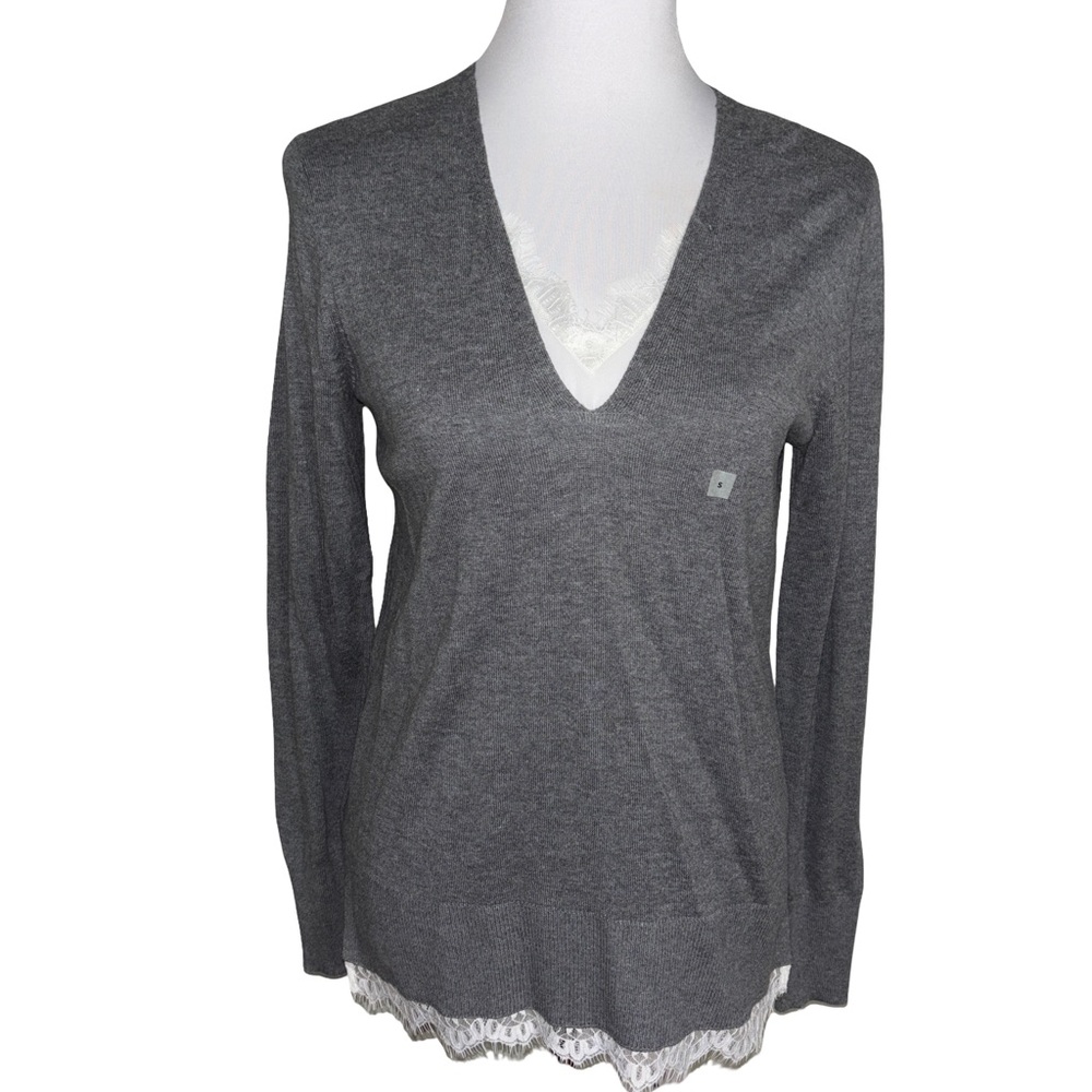 LOFT Gray V Neck Sweater with Lace Trim